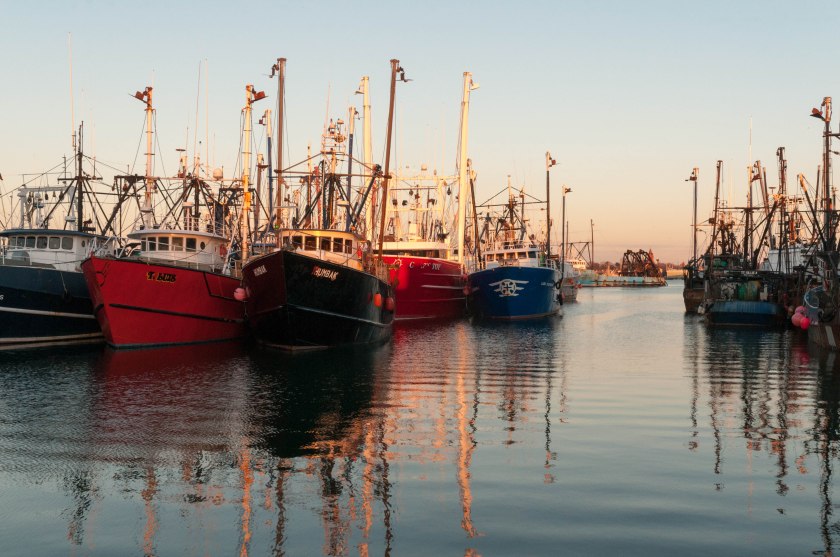 Fishing ships docked at the New Bedford pier.