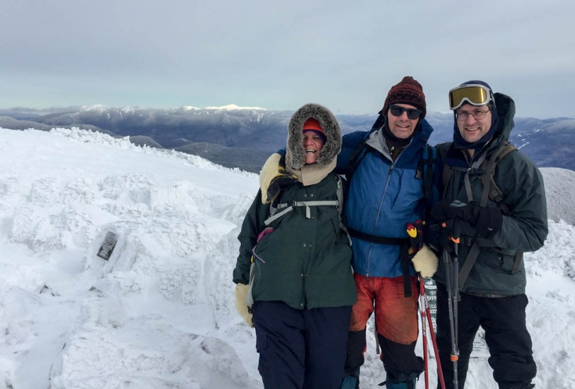 Jen, Lars and David enjoy calm weather on the summit of Mount Moosilauke. Photo by Jen Botzojorns.