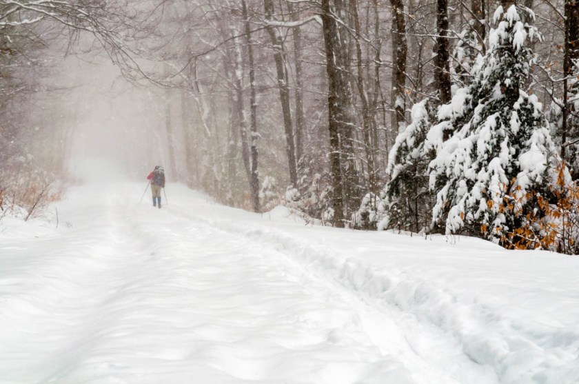 Skiing out from Moosilauke during a snowstorm.