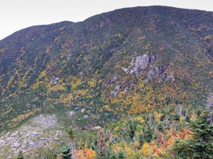 A morning view into Carter Notch, with the hut and ponds visible at bottom, and Wildcat ridge behind, from an outlook on the climb up to Carter Dome.