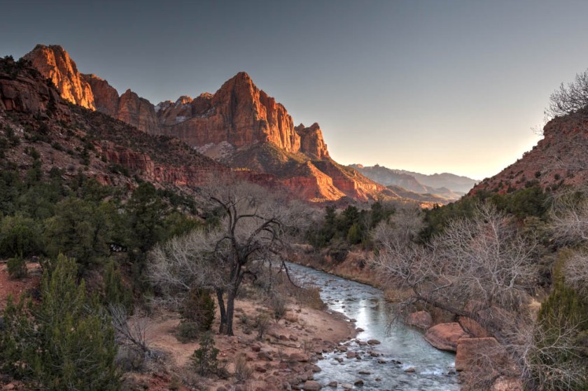 The Watchman as viewed from the bridge at Canyon Crossing.