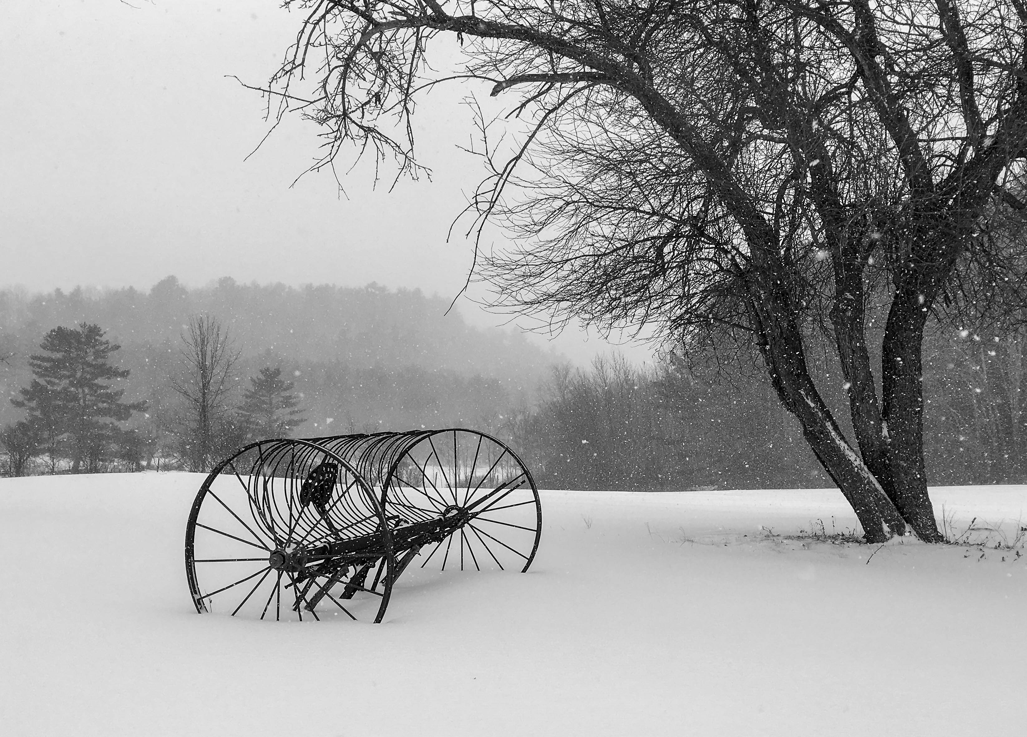 An old farm instrument on a farm in Lyme, on a snowy day.