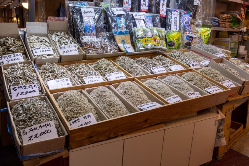 Tiny dried fish, and ground dried fish, at the Dried fish market, Seoul