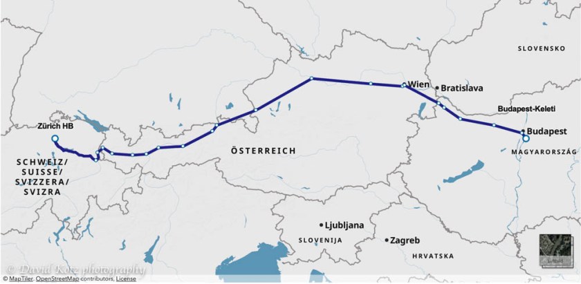 Map of our train journey from Zurich to Budapest.