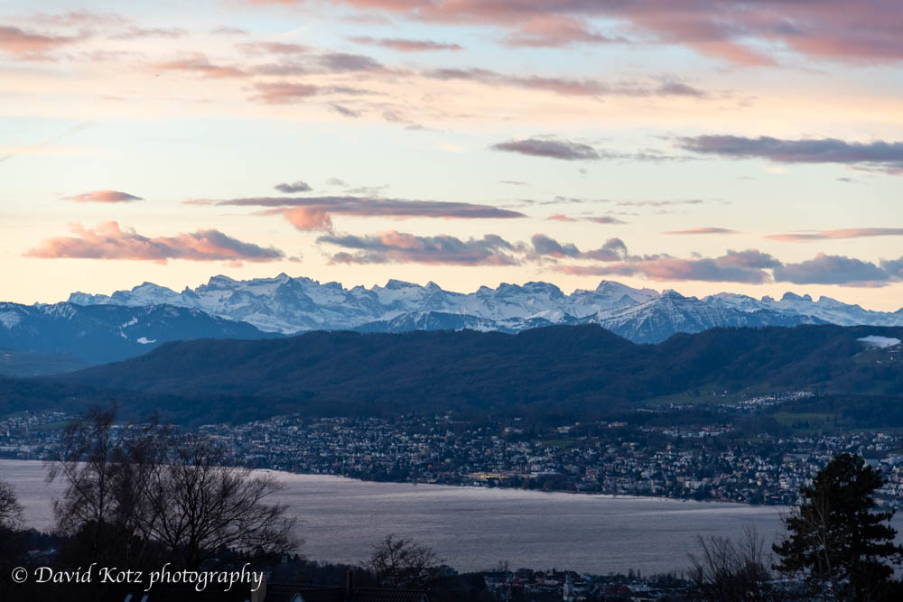 Sunrise view of the Alps from Zürichberg.