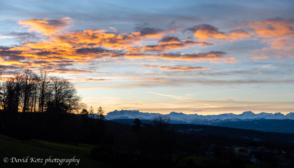 Sunrise view of the Alps from Zürichberg.