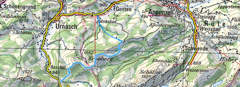 Map of our hike route (interpolated at the starting point in Jakobsbad).