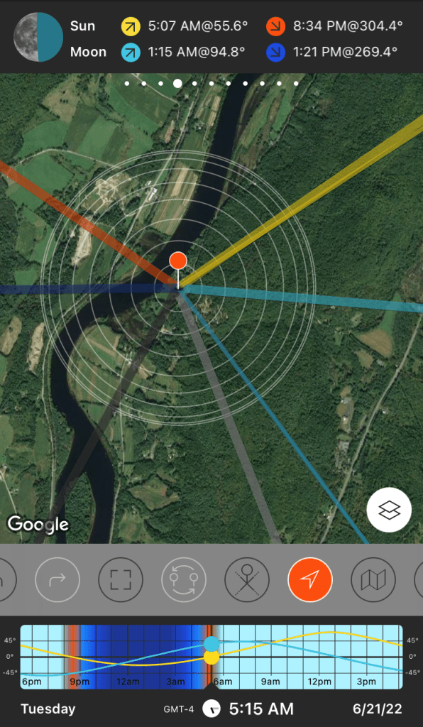 PhotoPills screenshot of a map showing sunrise/sunset angles, at Lyme.