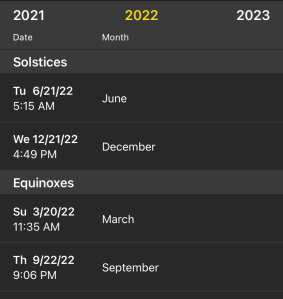 PhotoPills screenshot showing time/date for equinoxes and solstices.