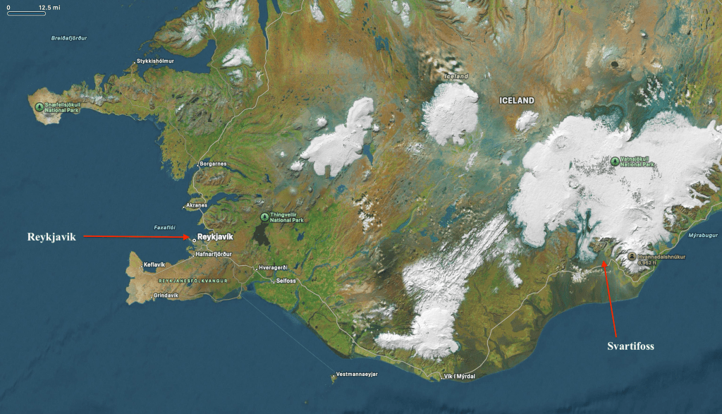 map of southern Iceland showing Svartifoss