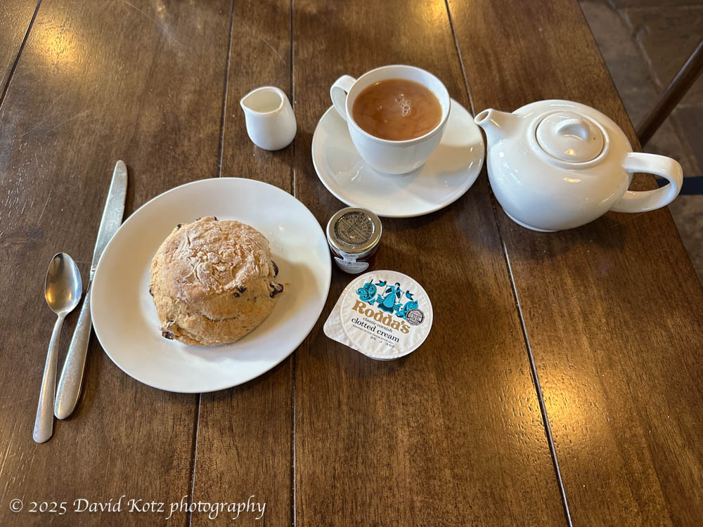 photo of my Tea, scone, jam, and clotted cream.