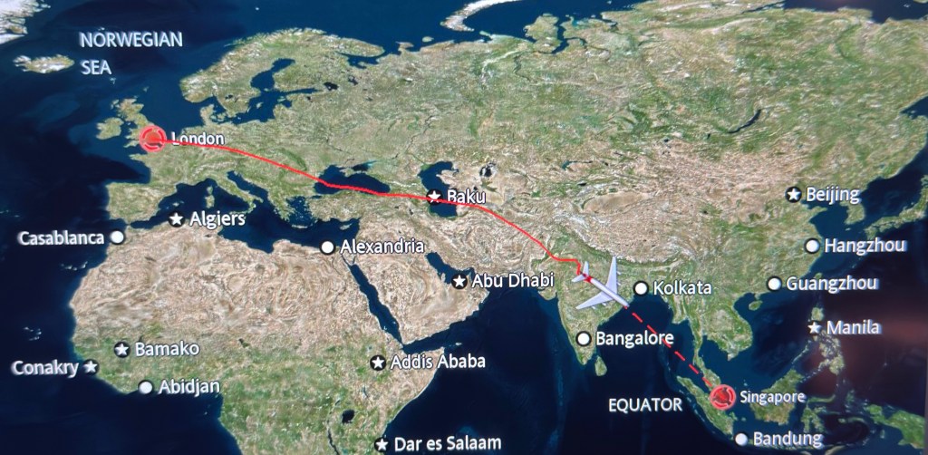 photo of a map showing our actual route from London to Singapore, midway through the flight.