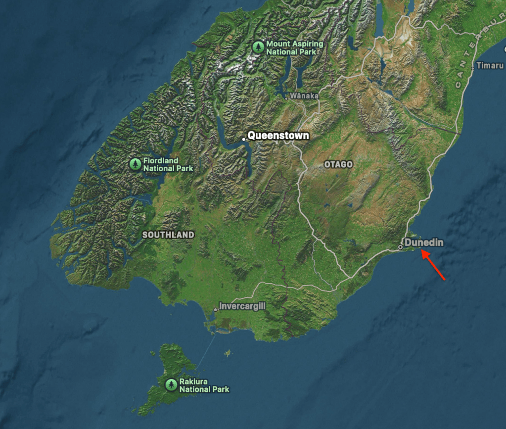 Map of southern New Zealand, showing Dunedin.