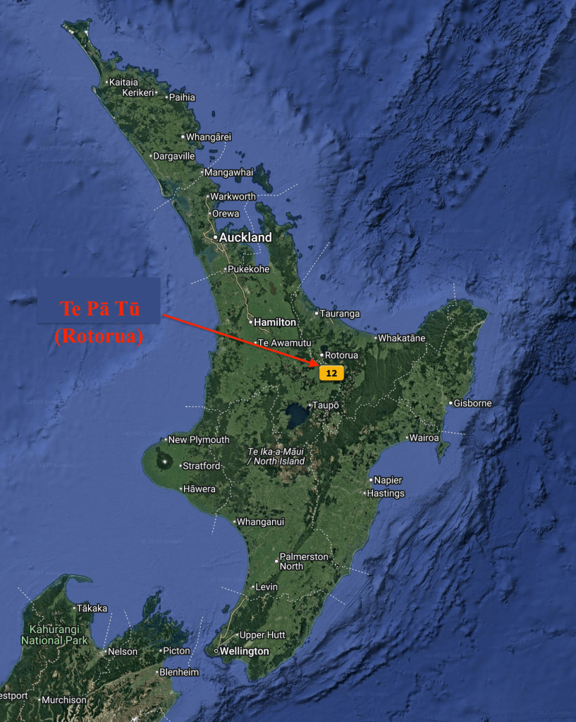 map of north island of New Zealand, with arrow showing location of Rotorua