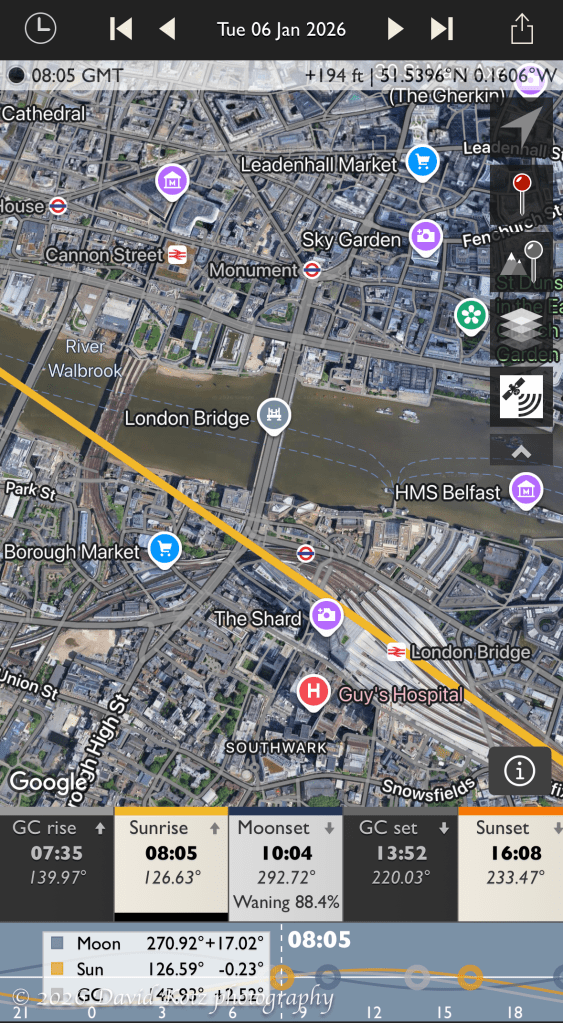 map from TPE app showing path sunrise as viewed from Primrose Hill.