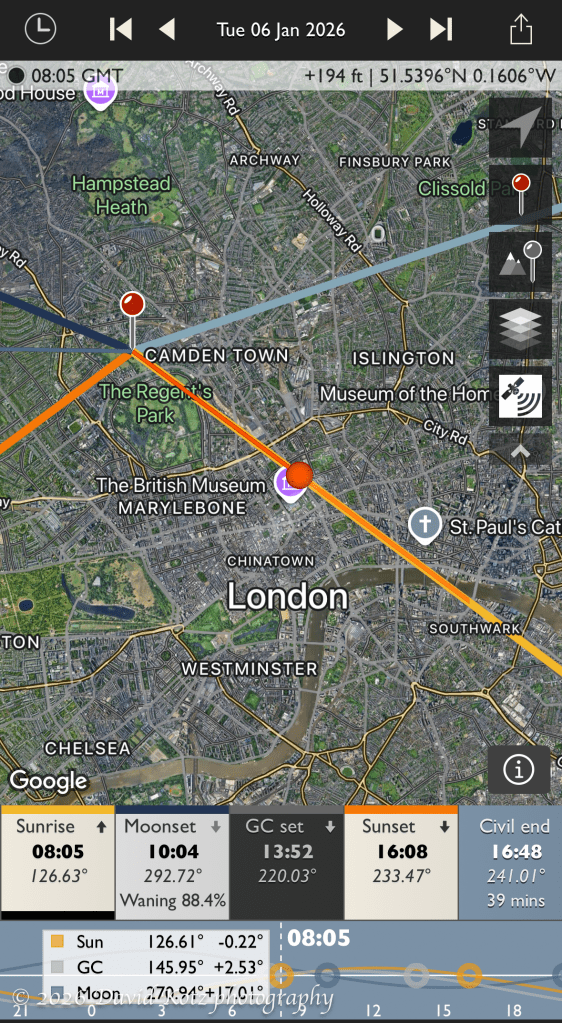 map from TPE app showing direction of sunrise and sunset, moonrise and moonset, from Primrose Hill.