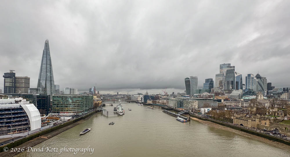 View includes The Shard at left and the tall buildings of central London at right.
