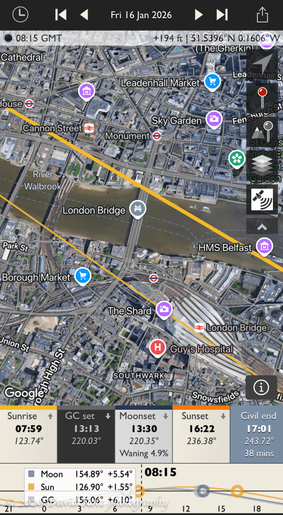 map from TPE app showing sunrise path seen from Primrose Hill.