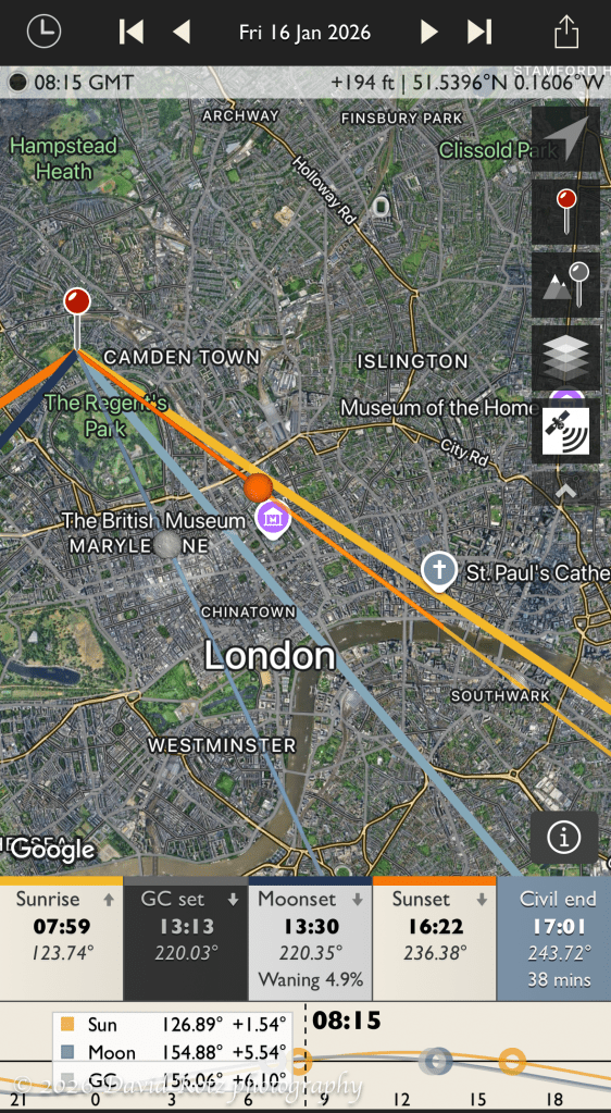 map from TPE app showing direction of sunrise and sunset, moonrise and moonset, from Primrose Hill.