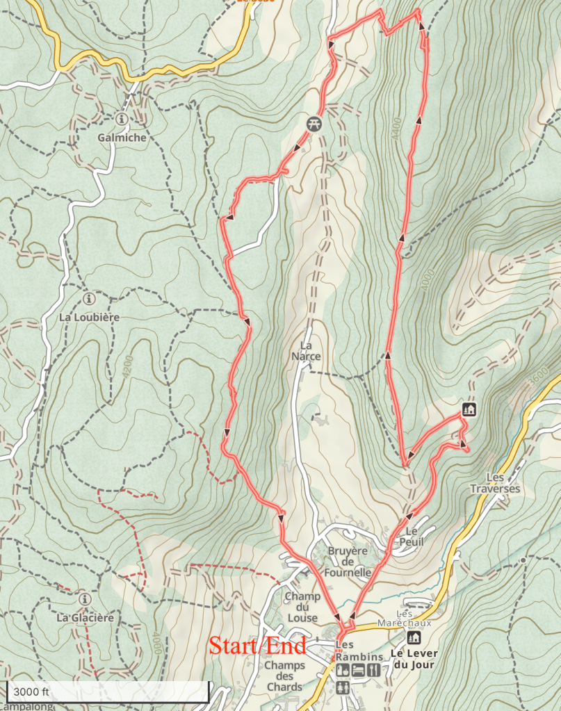 map of my hike, from the village at bottom, counter-clockwise