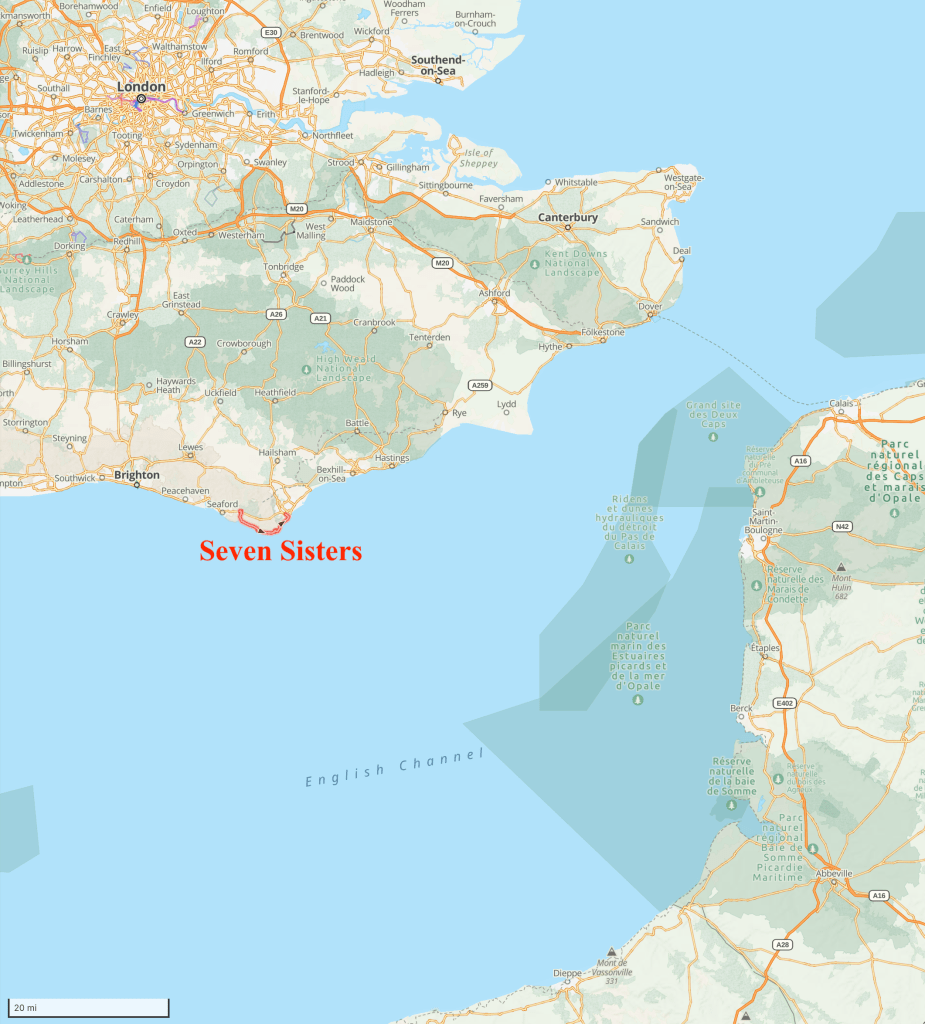 zoomed-out map showing the hike location in context, with London and France also showing.