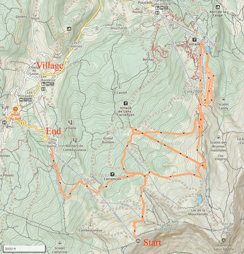 map of our skiing, starting at the top of the first lift and ending at bottom of the first lift.