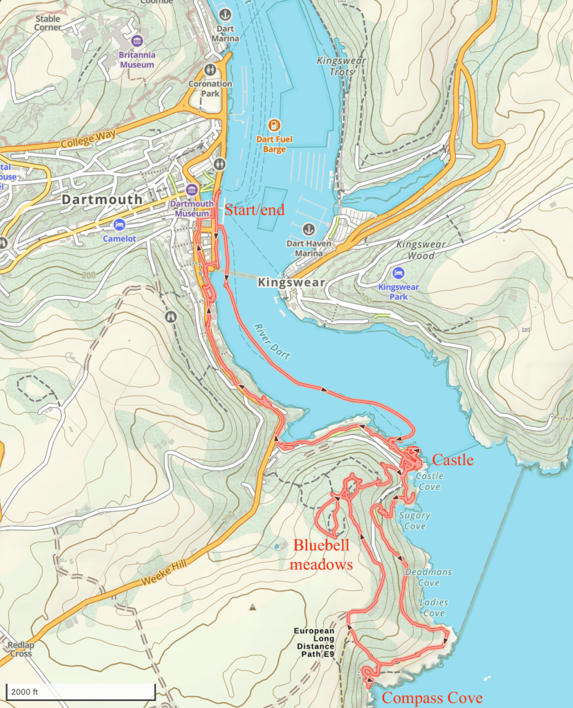 map of Dartmouth and Kingswear and the route of my hike.