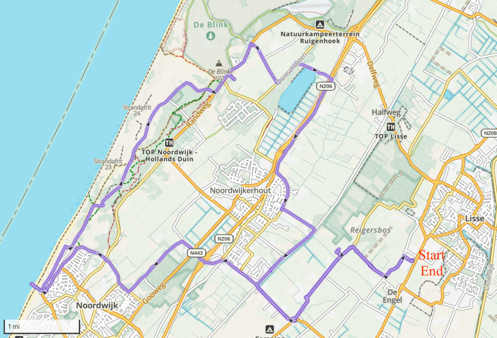Map of our biking route from Lisse to the coast and back.