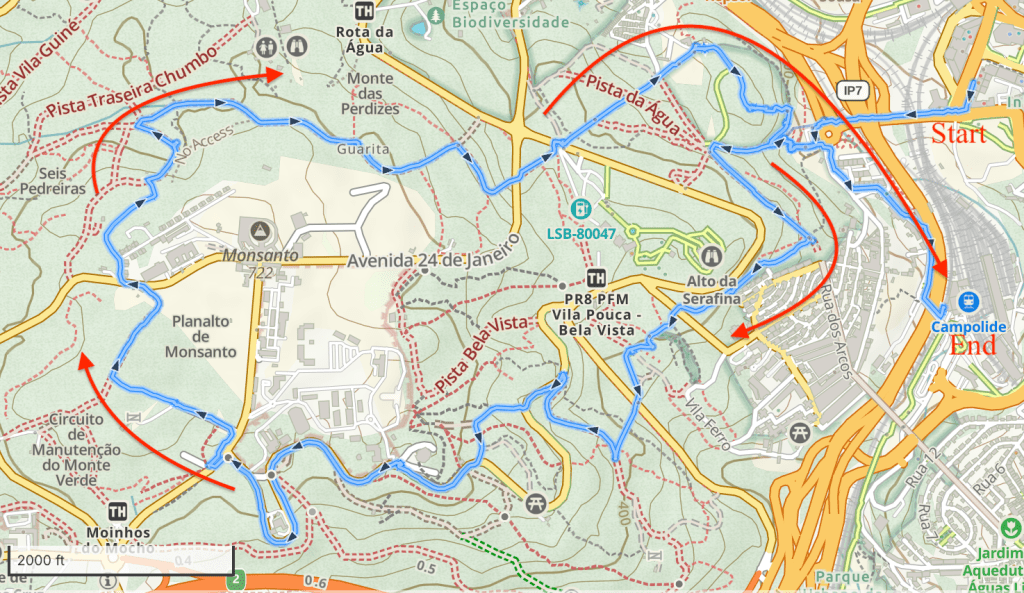 Map of my clockwise route around the blue trail in Monsanto Park, Lisbon.