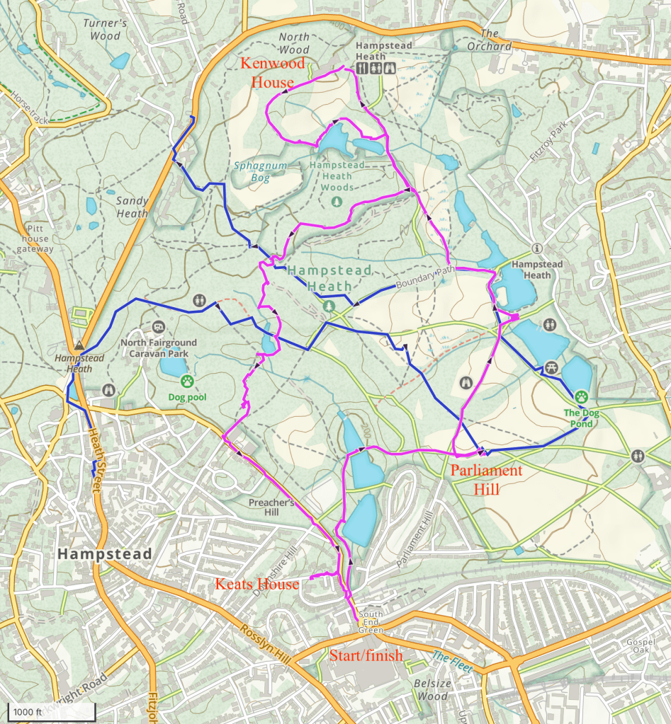 Map of my hike at Hampstead Heath and visiting Kenwood House and Keats House.